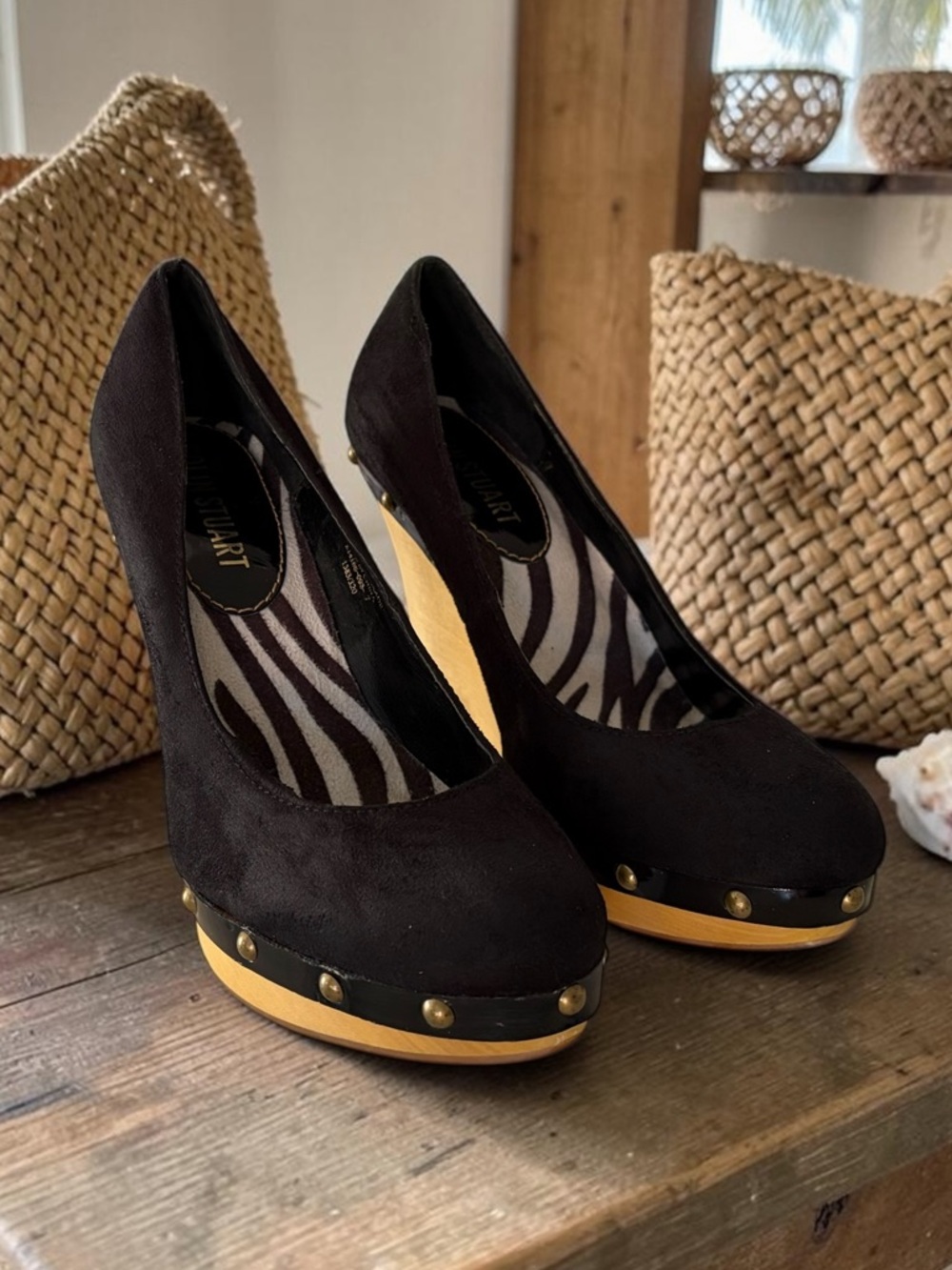 Women's Black Suede Studded Wedge Heels